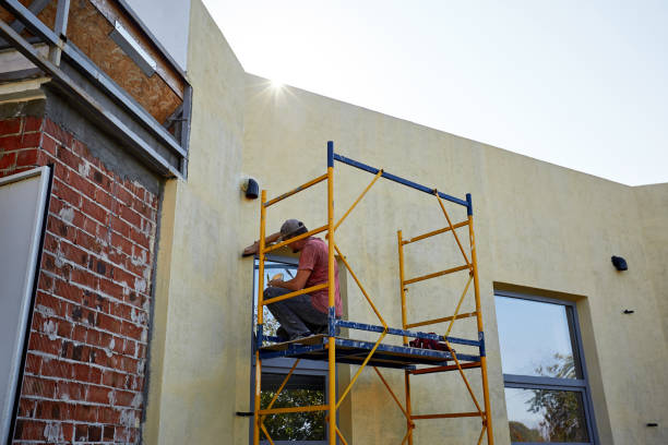 Worker professional on finishing the house on the facade.